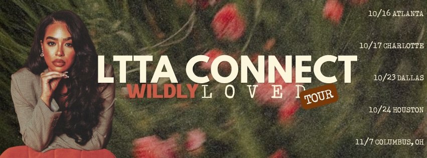LTTA Connect Wildly Loved Tour banner. B. Simone seated against blurred red carnations, with the five tour dates listed down the right side.